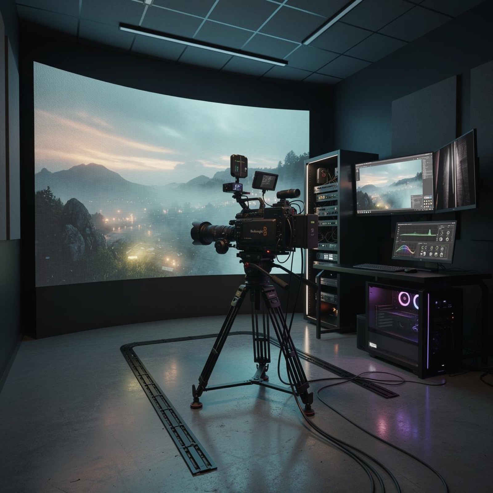 Set di Virtual Production DAM Academy: led volume a schermo curvo, camera Blackmagic su binario e postazione di controllo